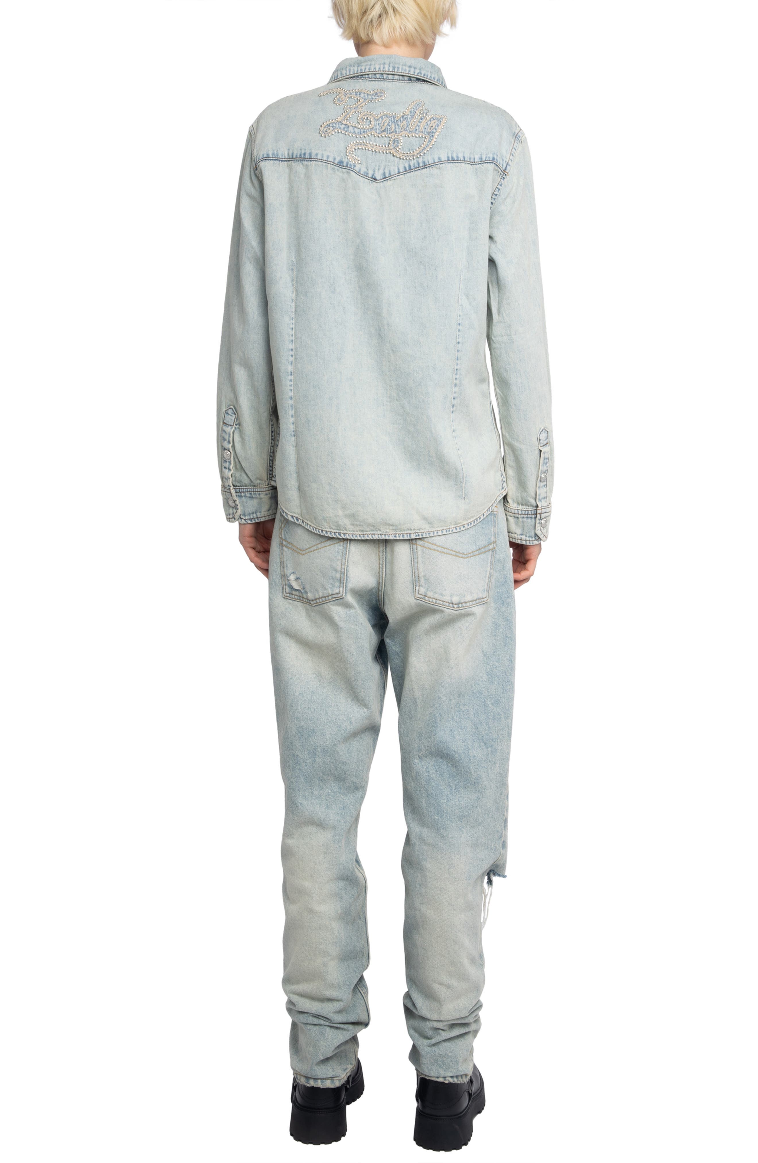 Zadig & Voltaire Saby Studded Denim Button-Up Shirt in Light Blue at Nordstrom - 6