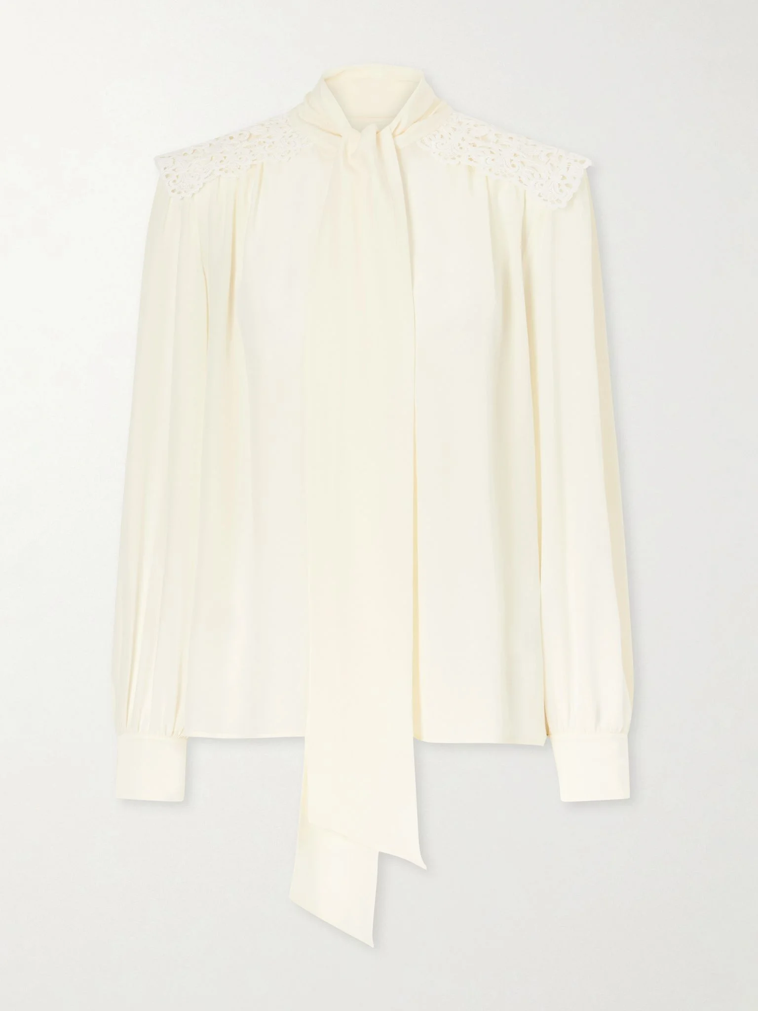 Pussy-bow crochet-trimmed silk crepe de chine shirt White - 1
