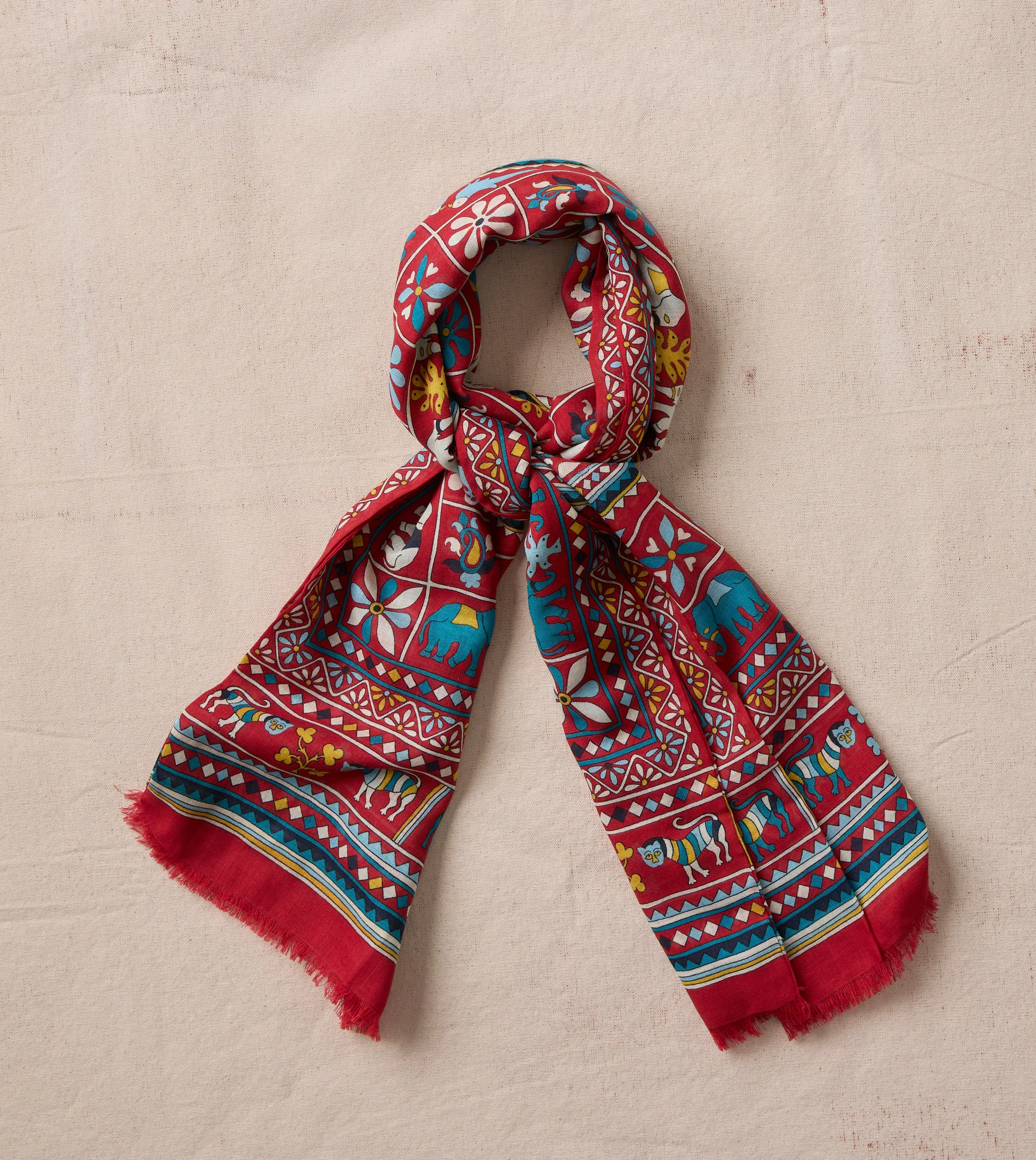 Red Elephants and Flowers Print Wool-Silk Scarf - 1