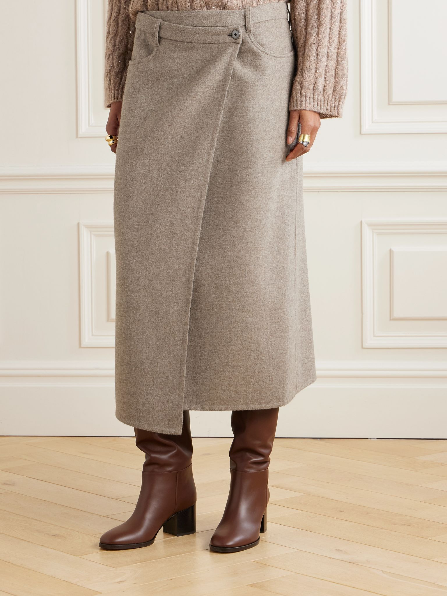 Asymmetric brushed-wool midi wrap skirt Beige - 3