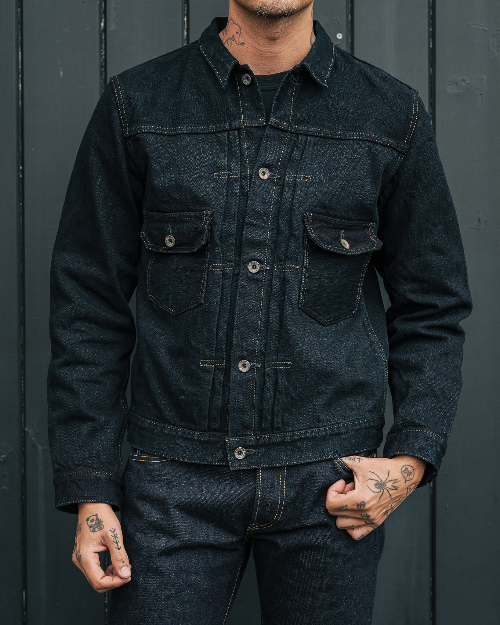 IHJ-507-SLBod 16oz Slubby Selvedge Denim Type II Jacket - Indigo Overdyed Black - 4