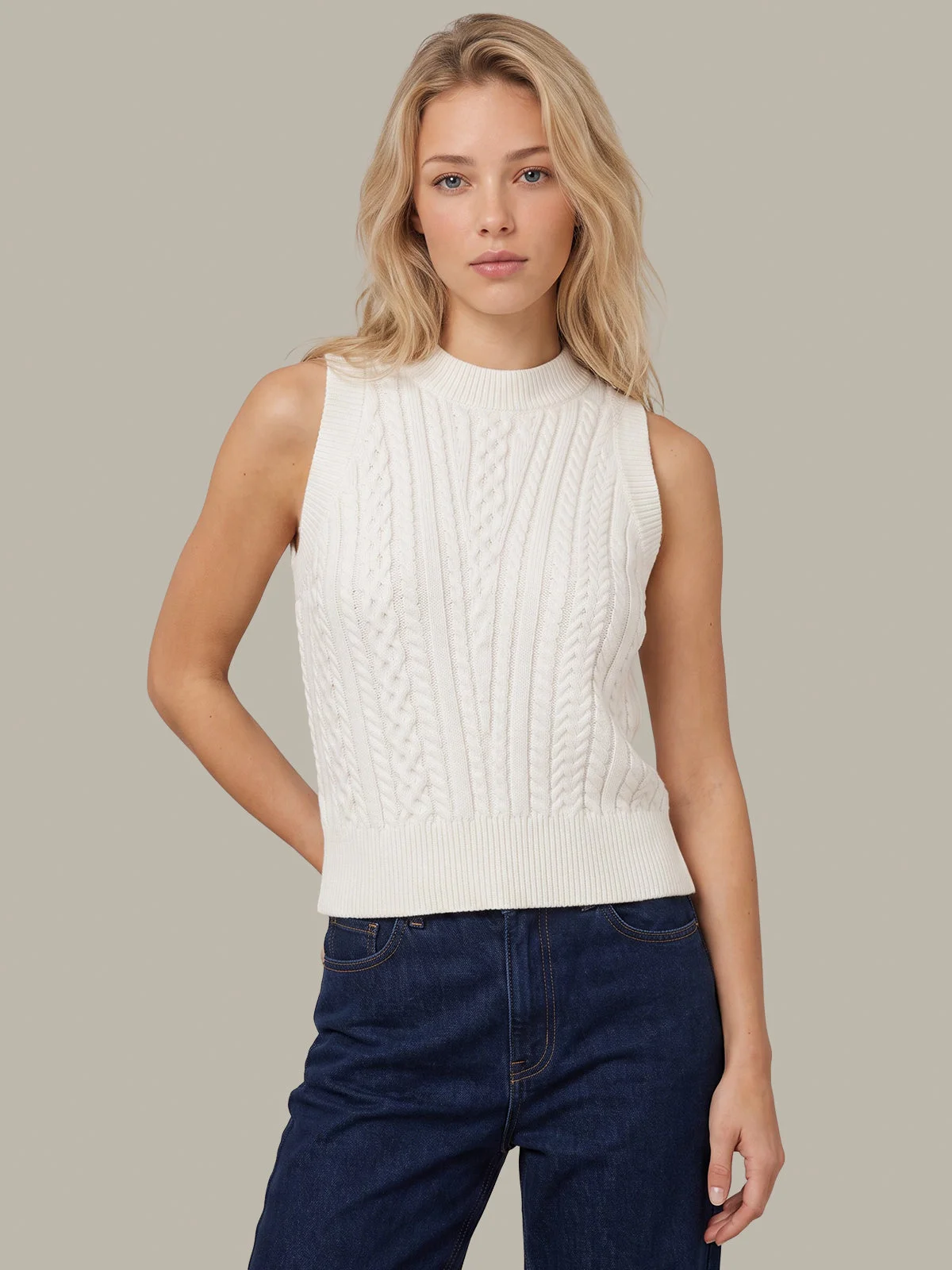 Dorothy: Cable Knit Cotton Crewneck Vest - 1