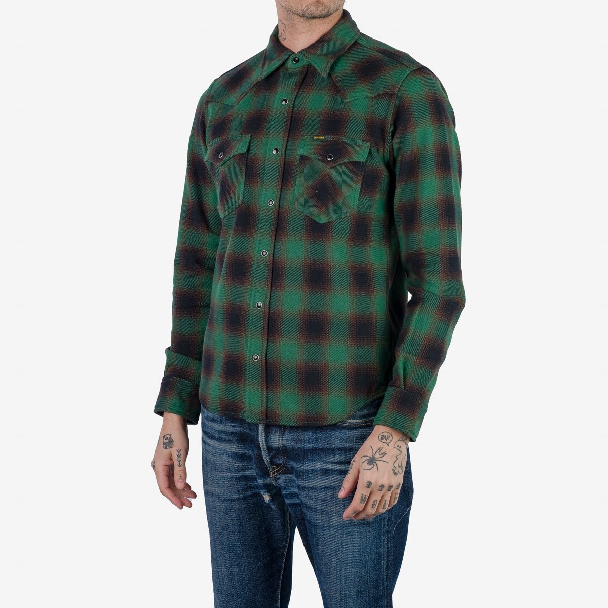 IHSH-373-GRN Ultra Heavy Flannel Ombré Check Western Shirt - Green - 2