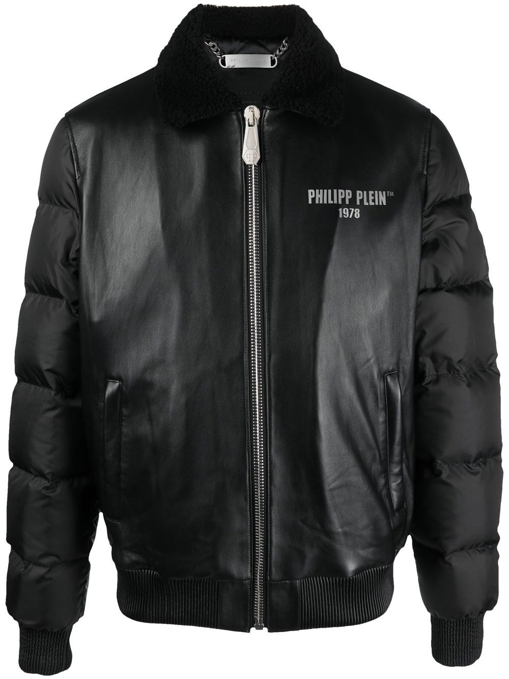 logo-print padded leather jacket - 1