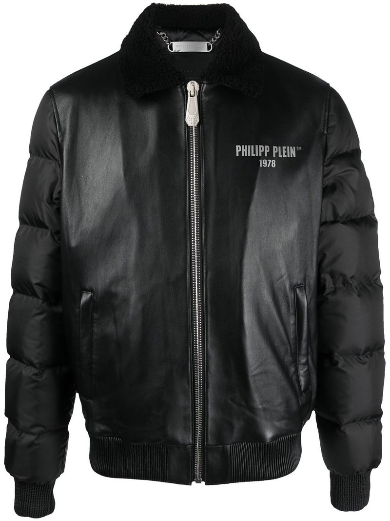 logo-print padded leather jacket 1
