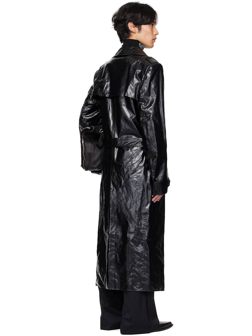 Black Shiny Coated Linen Coat - 3