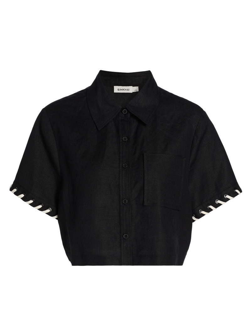 Women's Auggie Linen-Blend Crop Shirt - Black Multi 1