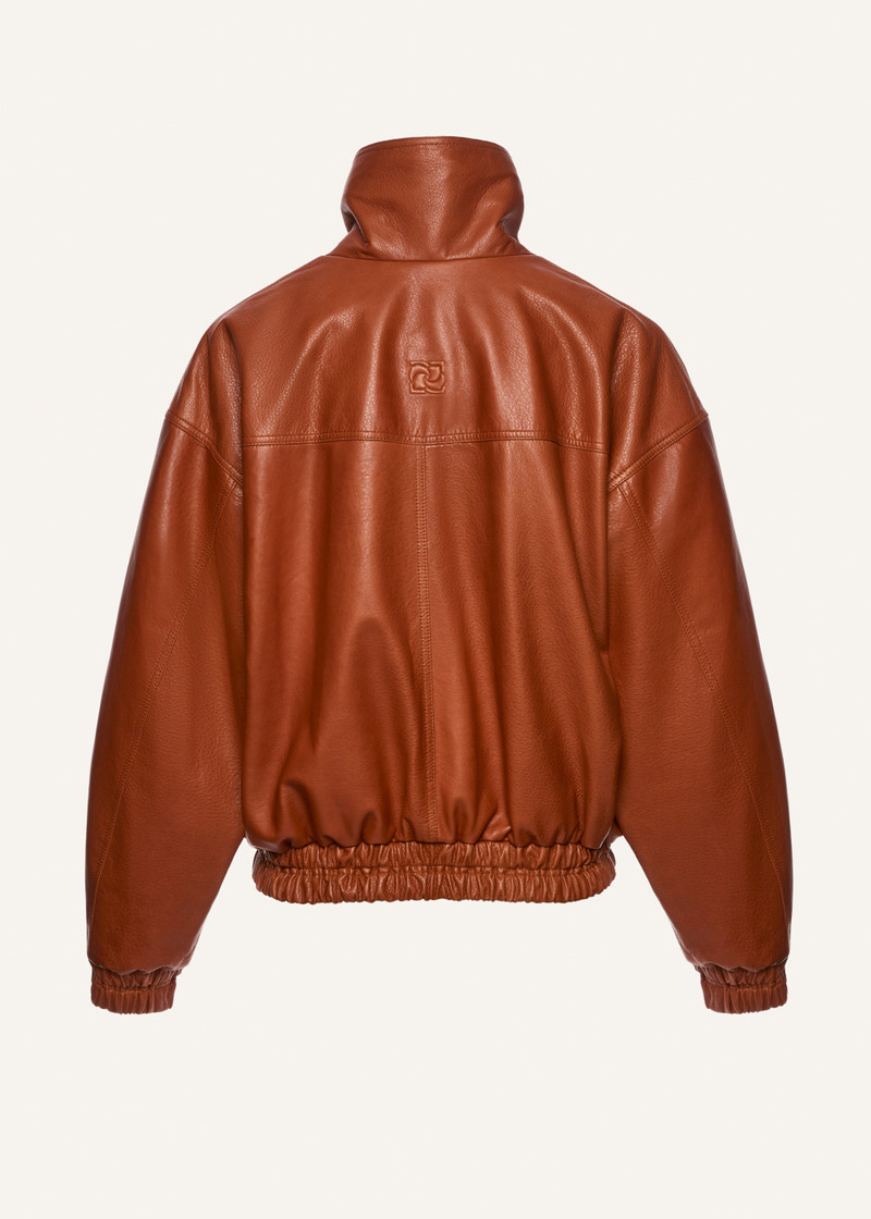 High-neck leather bomber jacket in cognac 2