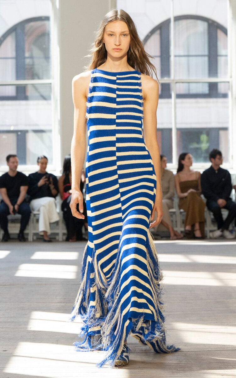 Yves Stripe Fringed Cotton Knit Maxi Dress royal blue - 2