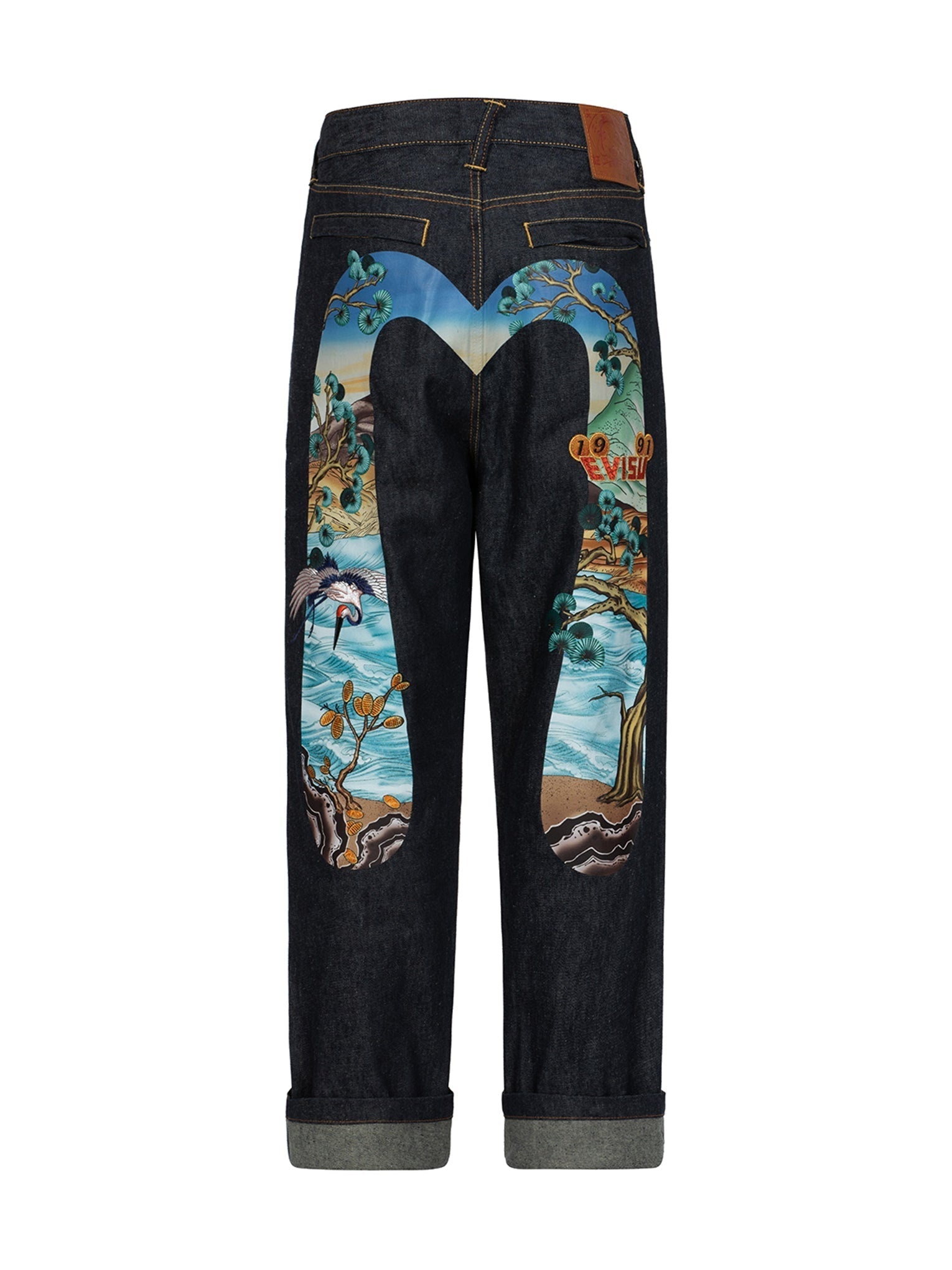 Pine-pattern Daicock Print with Crane and Logo Embroidery Wide Leg Jeans - 15