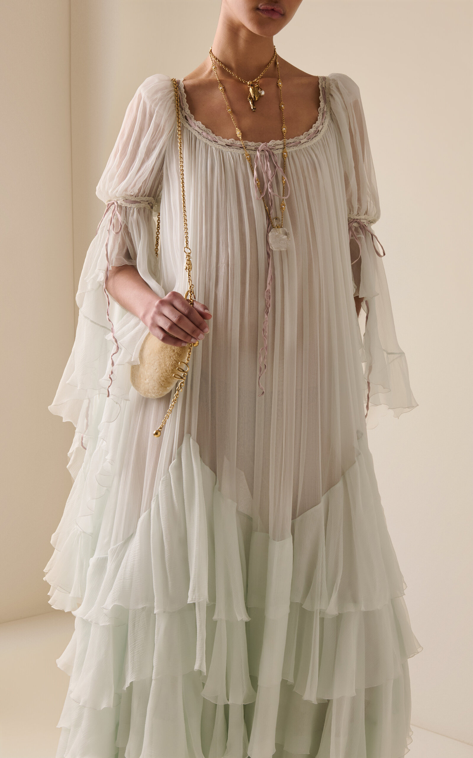 Flou Ruffled Organic Silk Mousseline Gown grey - 3