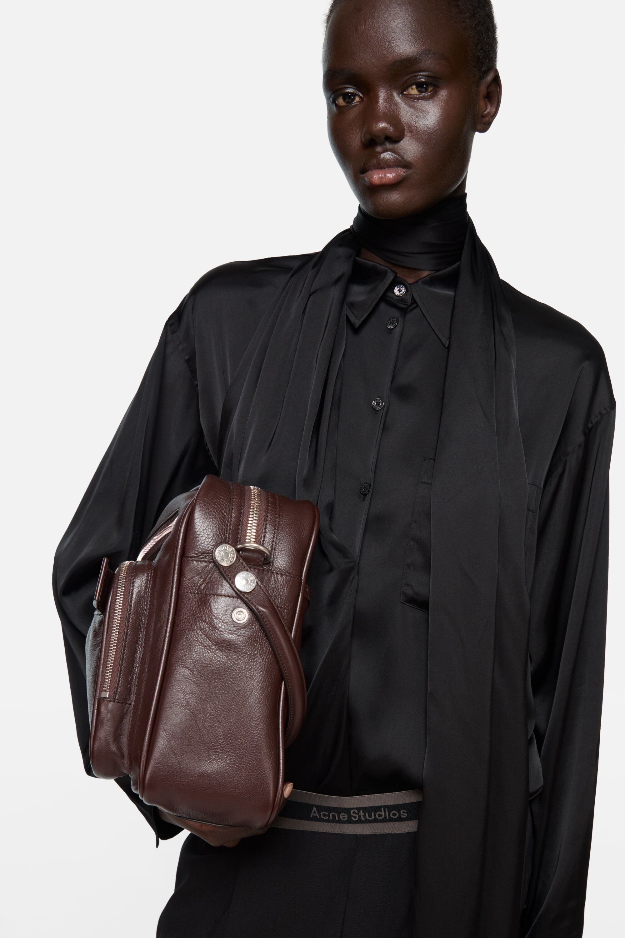 Layered Satin Blouse - Black - 4