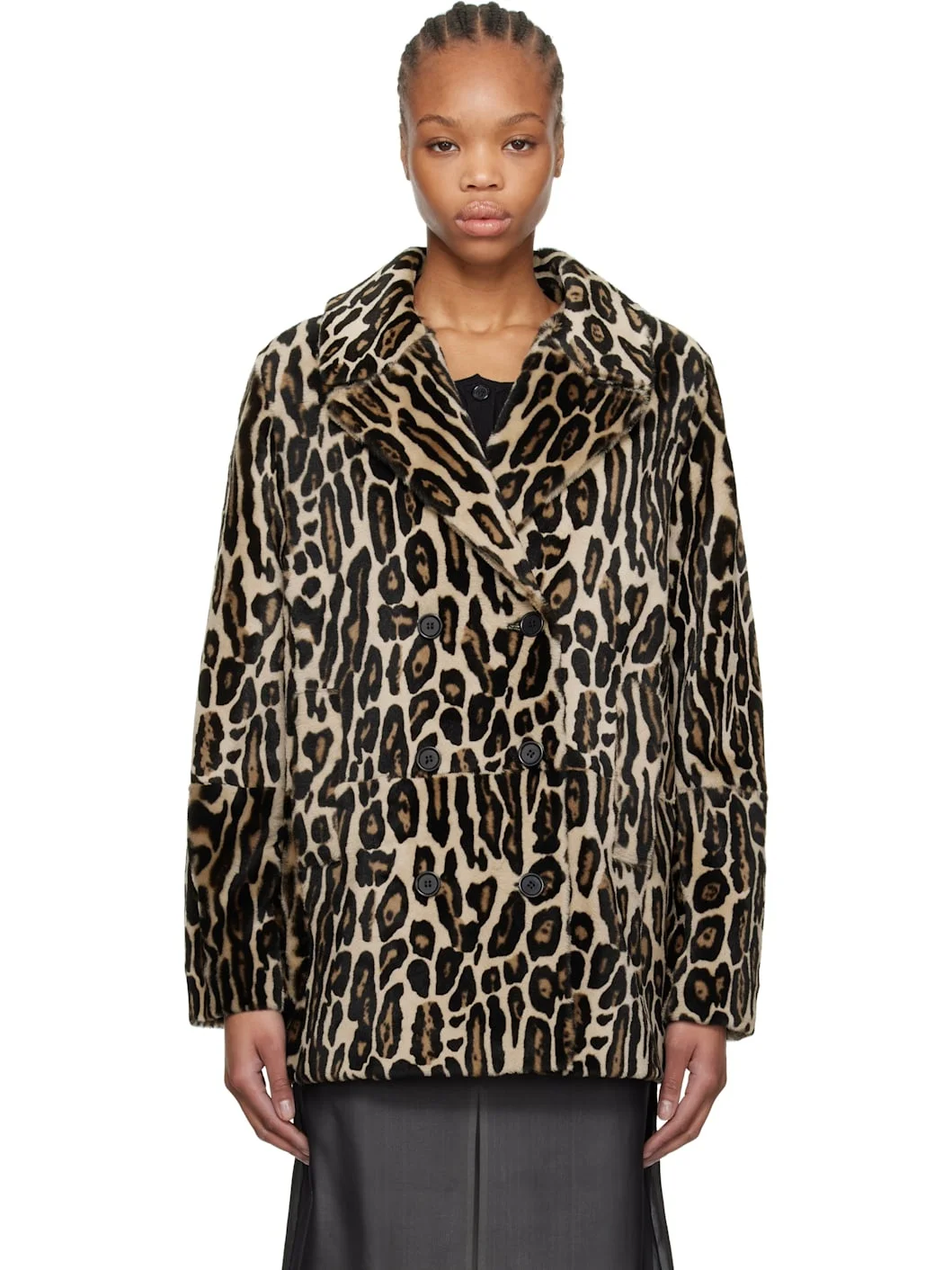 Black & Brown Leopard Shearling Peacoat - 1