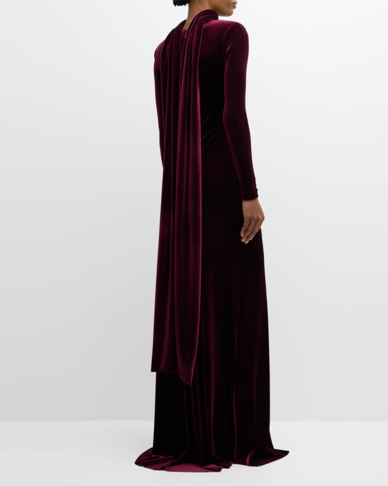 Square-Neck Long-Sleeve Velvet Scarf Gown 6