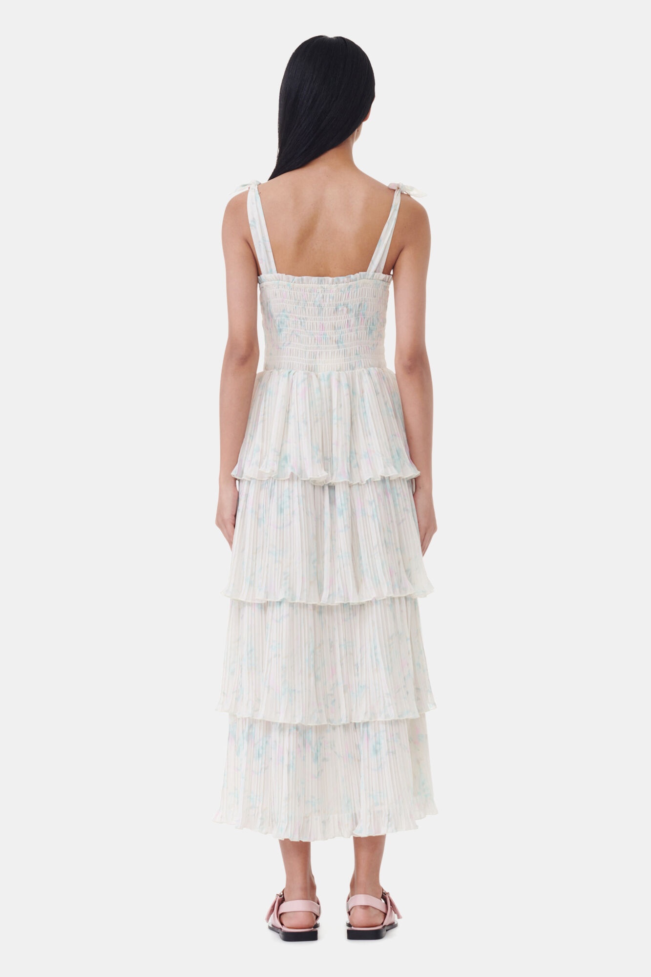 FLORAL PRINTED PLEATED GEORGETTE STRAP SMOCK MIDI DRESS - 5