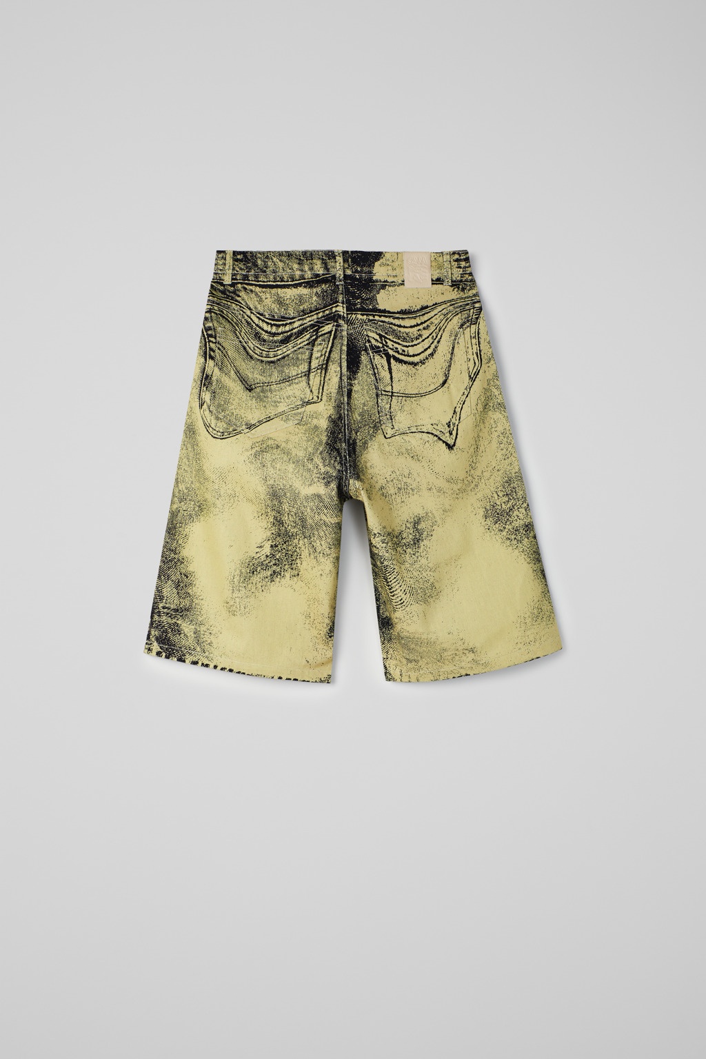 Yellow-Black Distorted Print Denim Shorts - 3