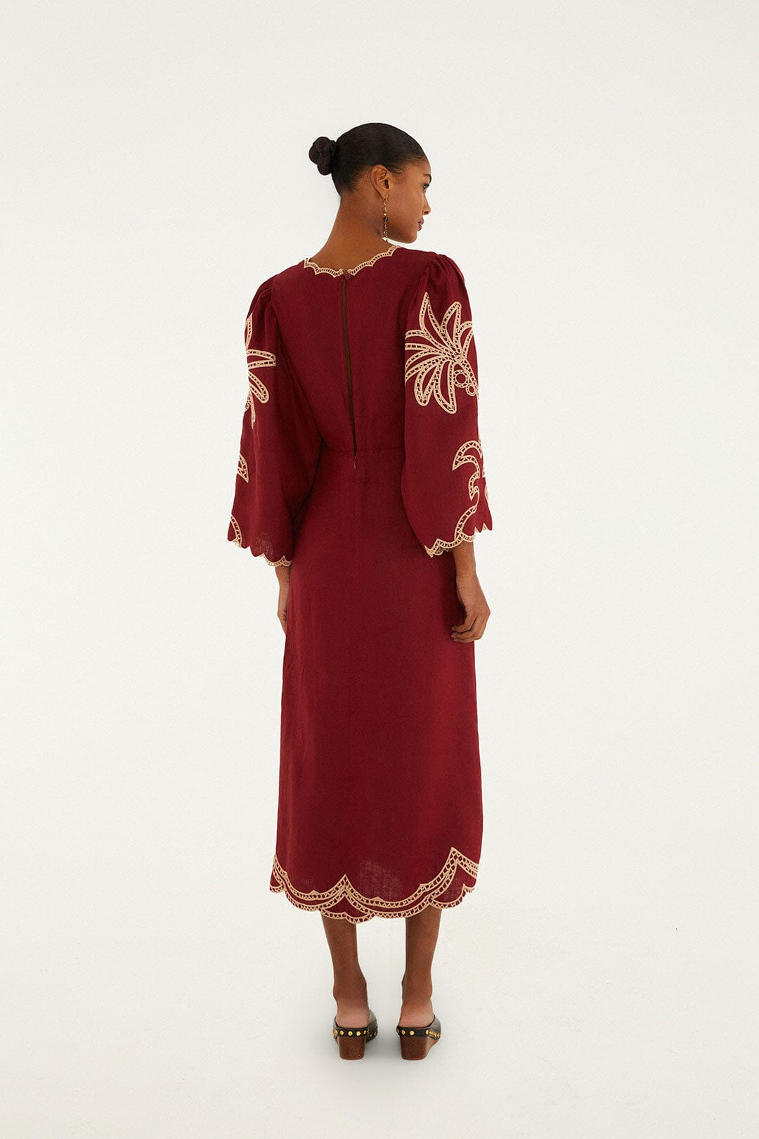 Red Artisanal Cut-Out Embroidered Euroflax™ Premium Linen Maxi Dress - 6