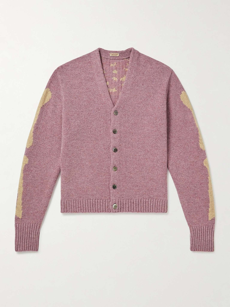Distressed Jacquard-Knit Wool Cardigan 1