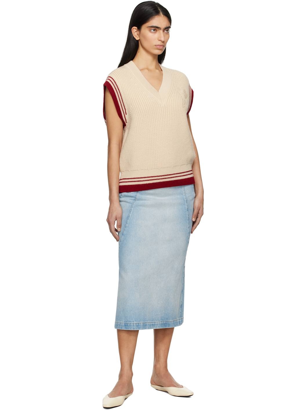 Beige Wool Ribbed Sleeveless V Neck Vest - 4