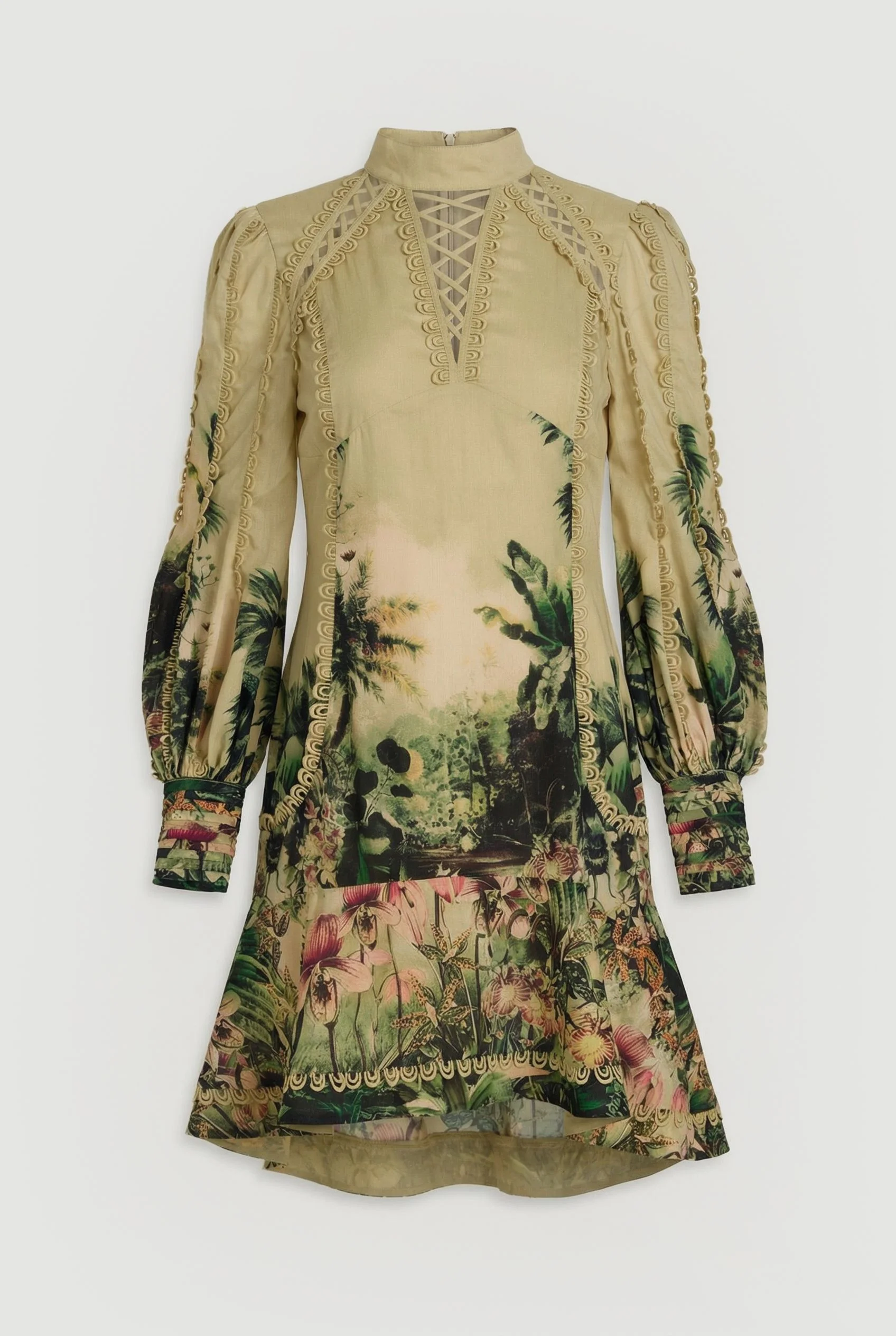 Botanical Print Woven High Neck Mini Dress - 1