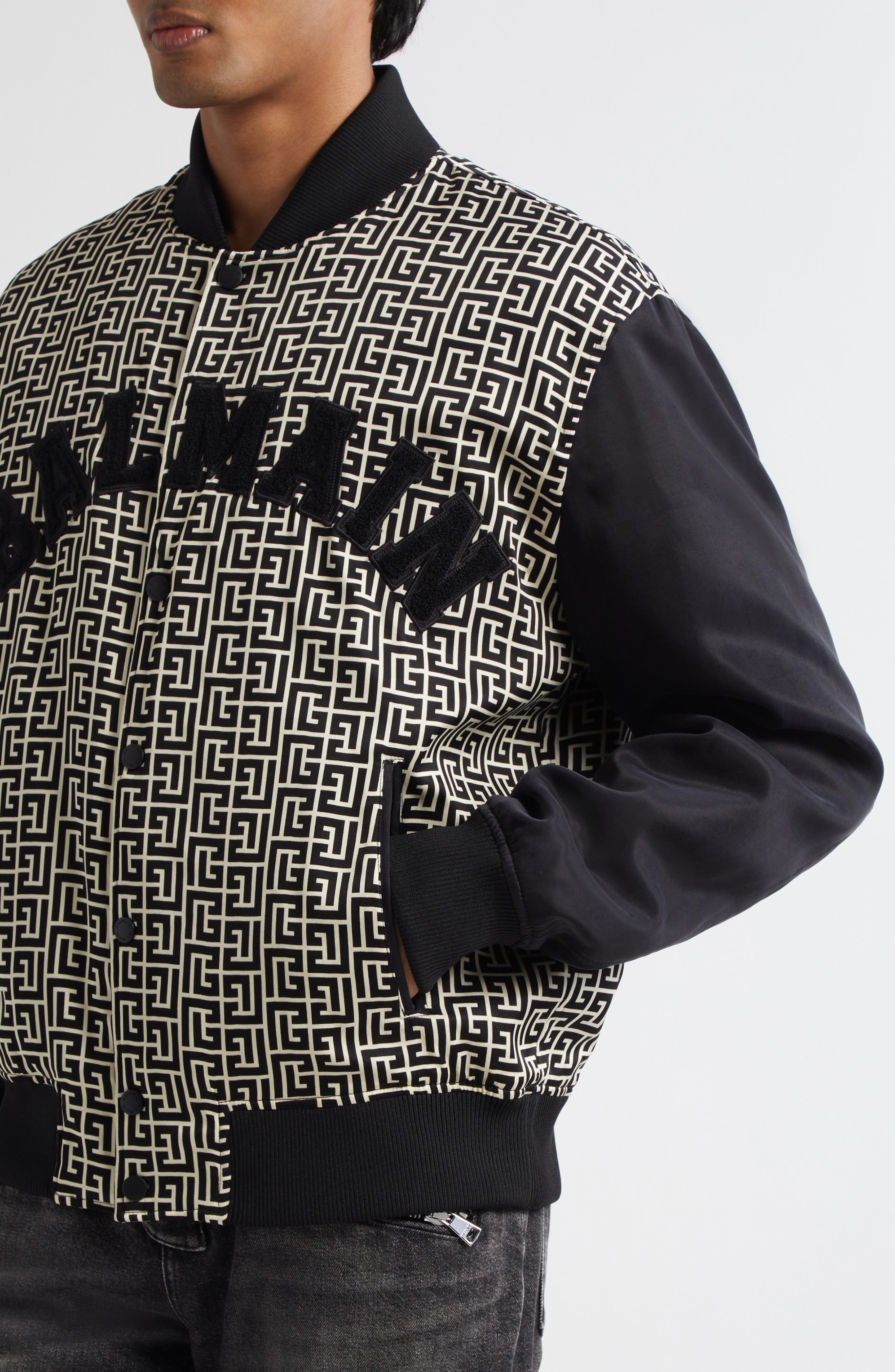 Balmain Monogram Varsity Jacket in Black/Ivory at Nordstrom - 4