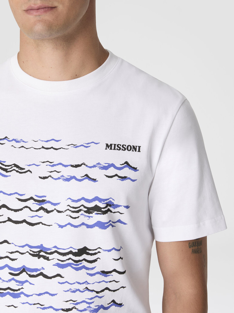 Crew-neck cotton T-shirt with wave print and logo 5