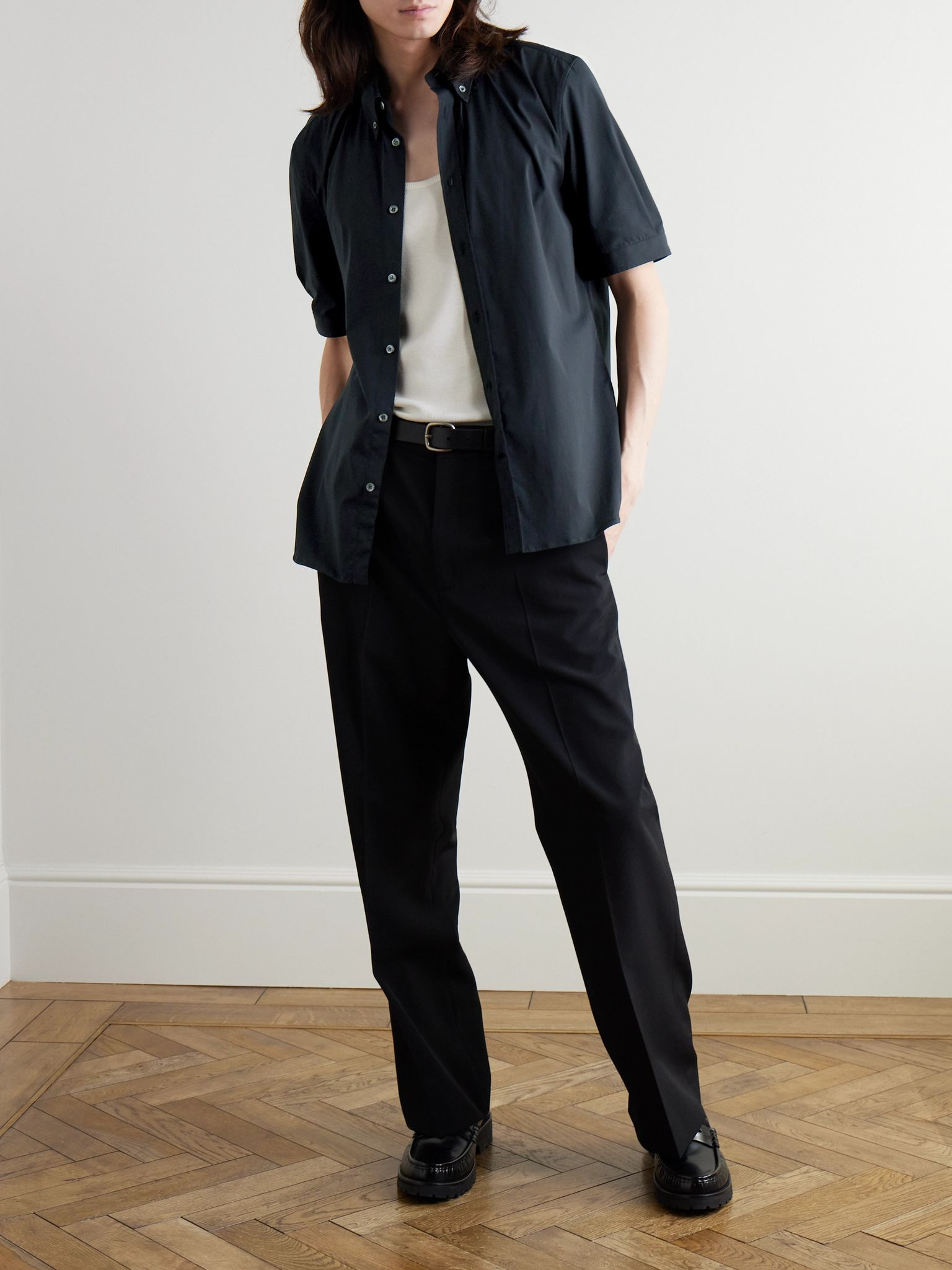 Brad Pitt Button-Down Collar Cotton-Blend Poplin Shirt Black - 2