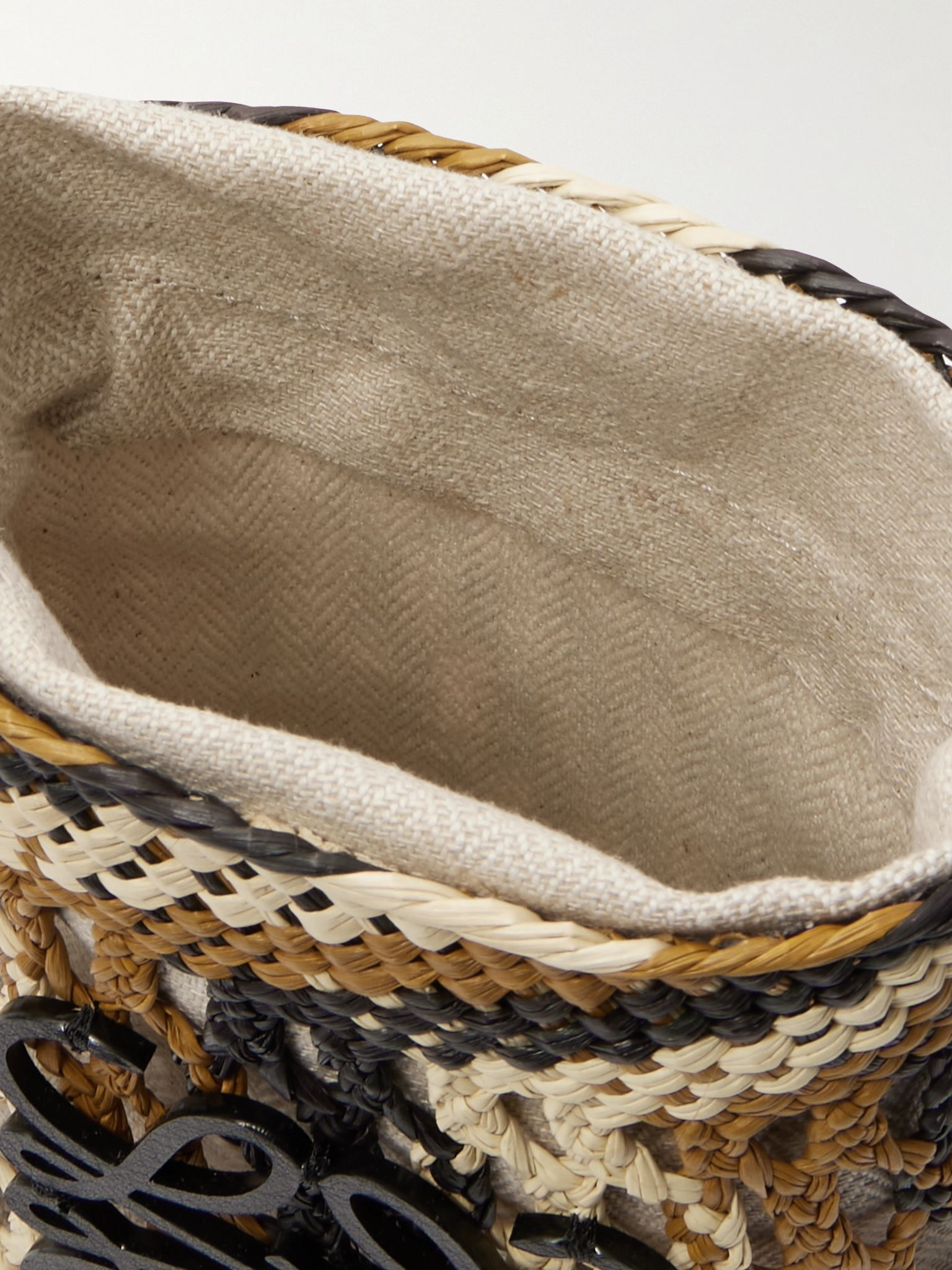 + Paula's Ibiza Leather-Trimmed Striped Raffia Bucket Bag Neutral - 5