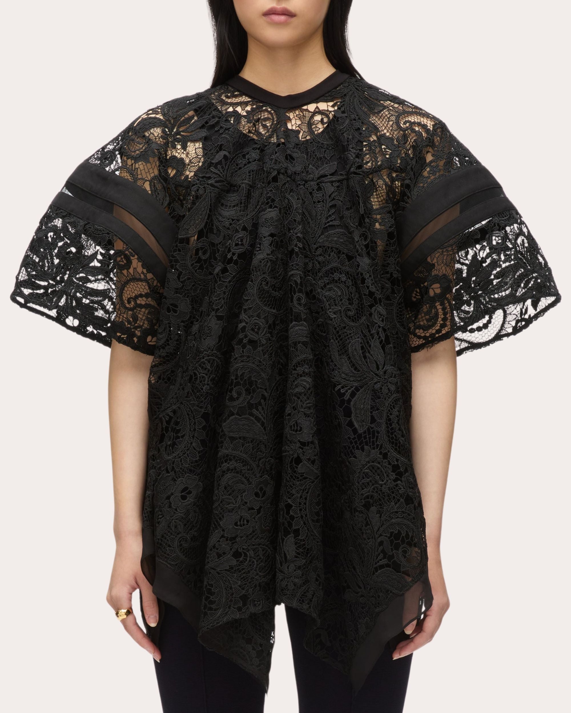 Sheer Lace Mesh-Panel Flounce Top - 1