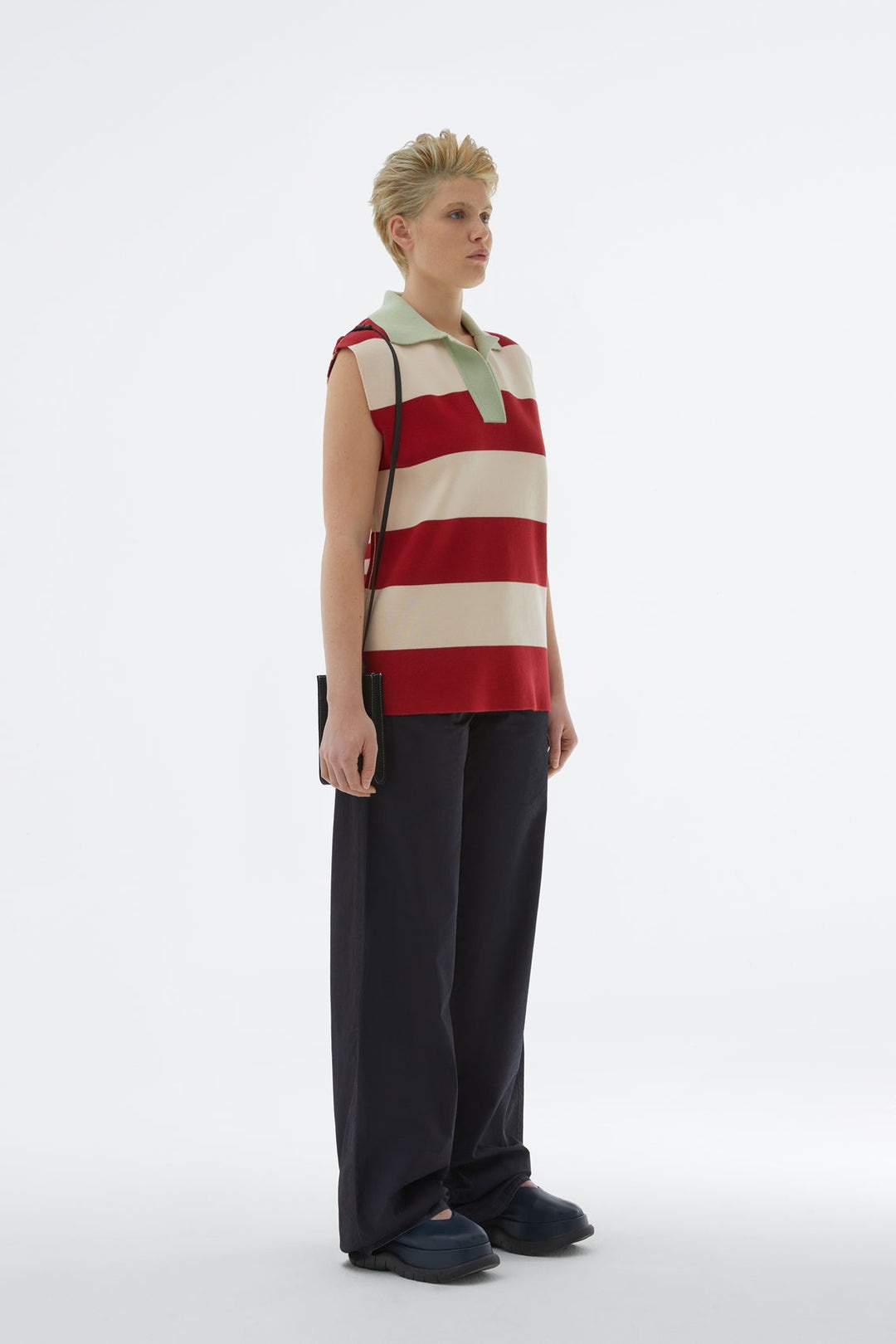 STRIPED KNIT SLEEVELESS POLO - 1