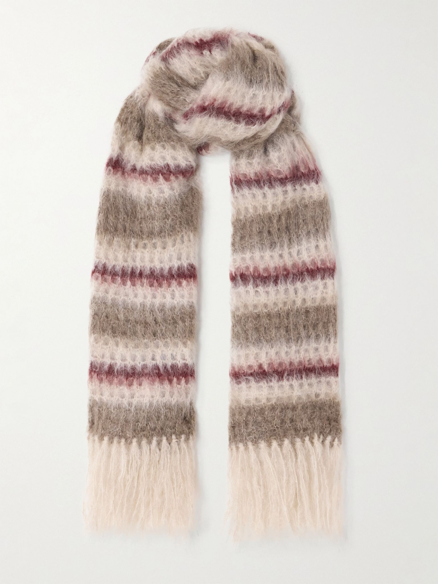 Fringed striped mohair-blend scarf Taupe - 1