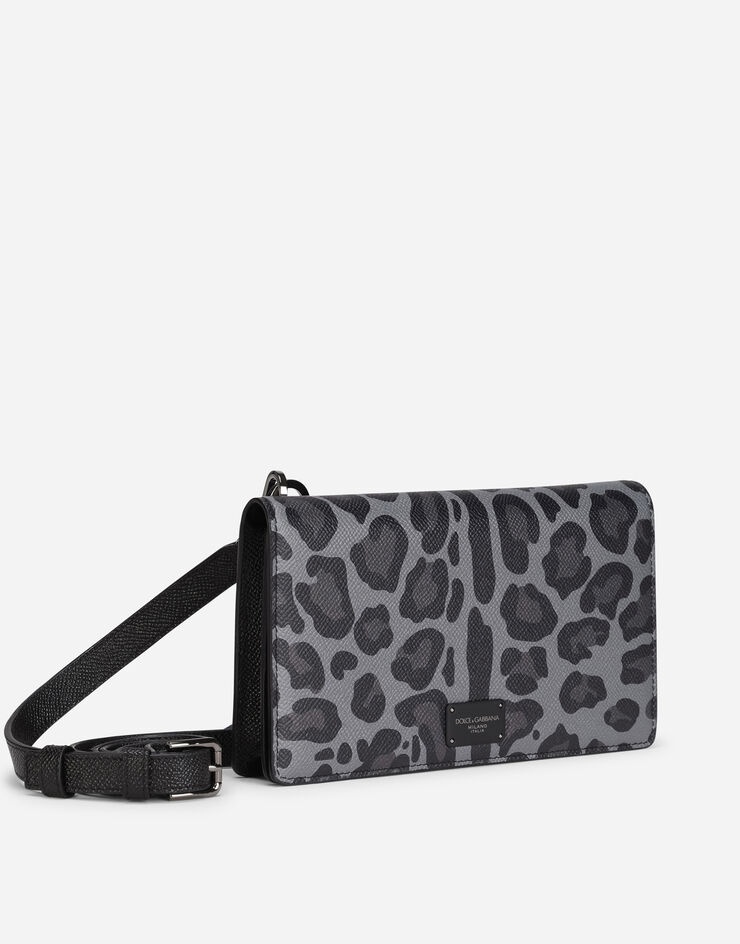 Dauphine calfskin wallet with shoulder strap and leopard print against a gray background - 2