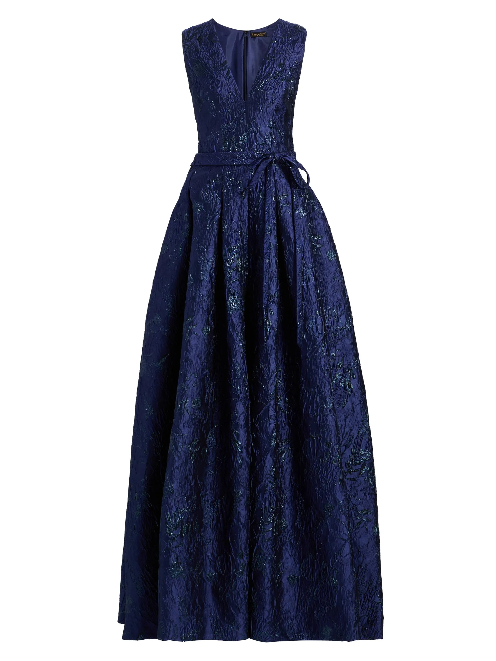 Women's Metallic Brocade Belted Ballgown - Navy - 1