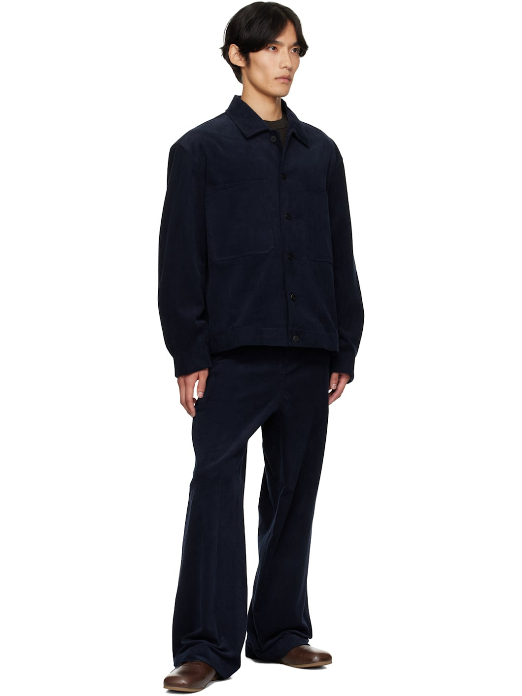 Navy Side Button Corduroy Trousers - 4