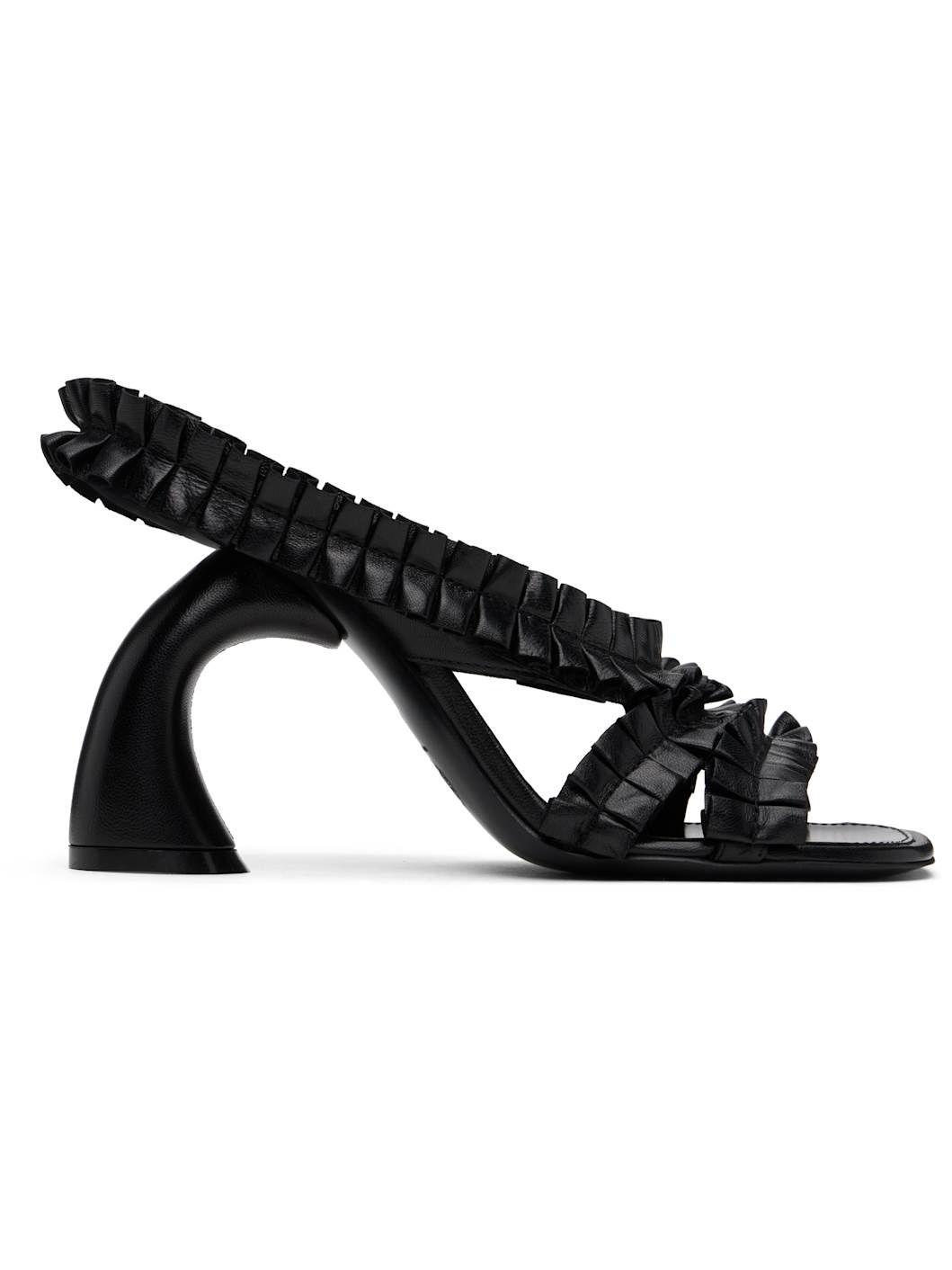 Black Ruffled Leather Heeled Sandals - 1