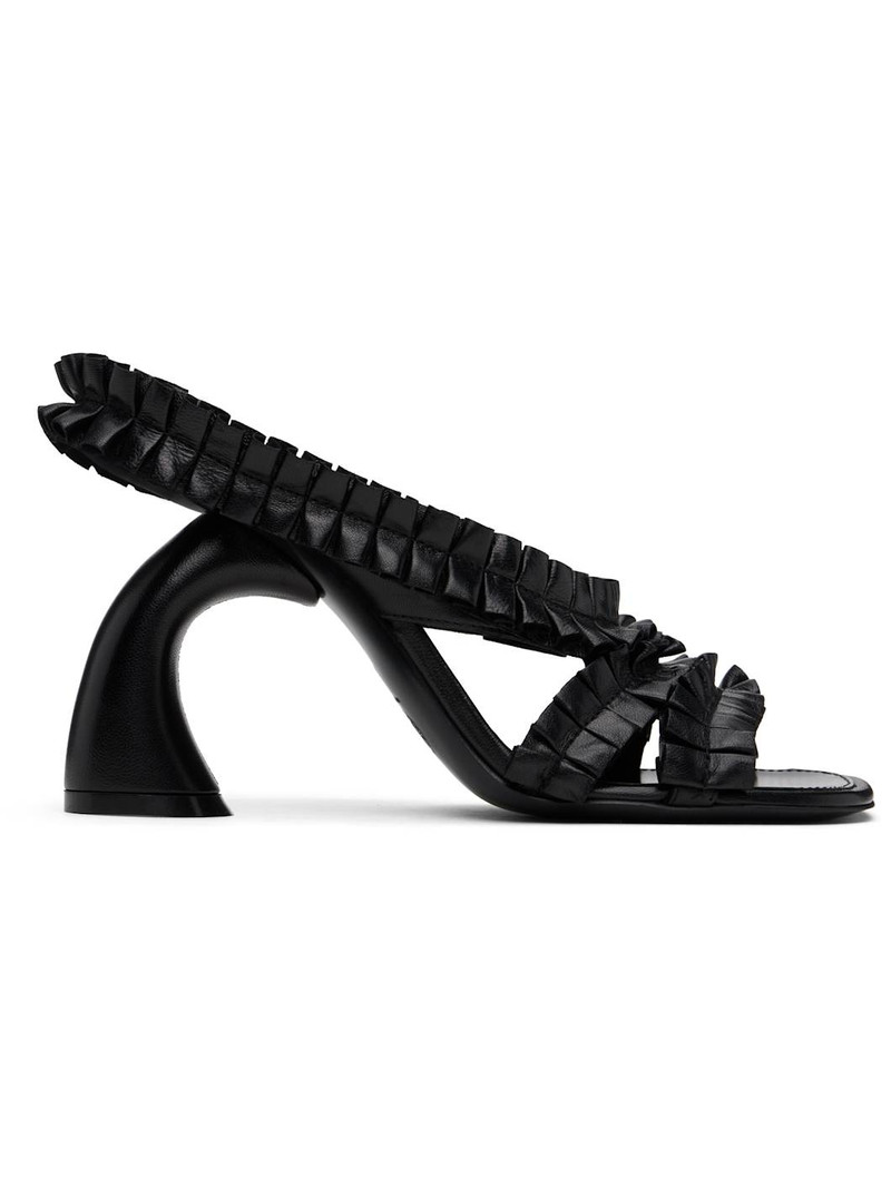 Black Ruffled Leather Heeled Sandals 1
