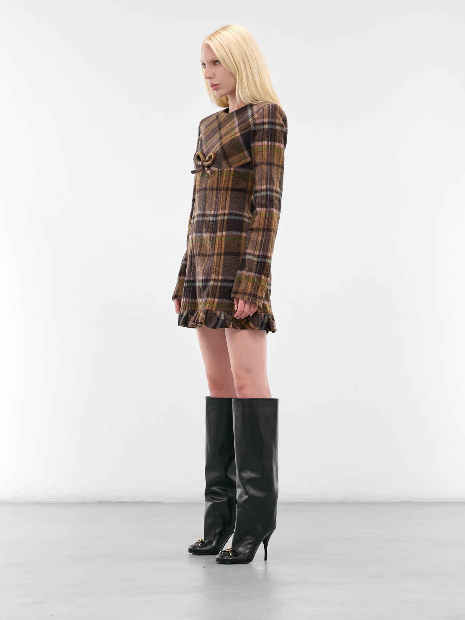 Brown Check Wool Mini Dress - 2