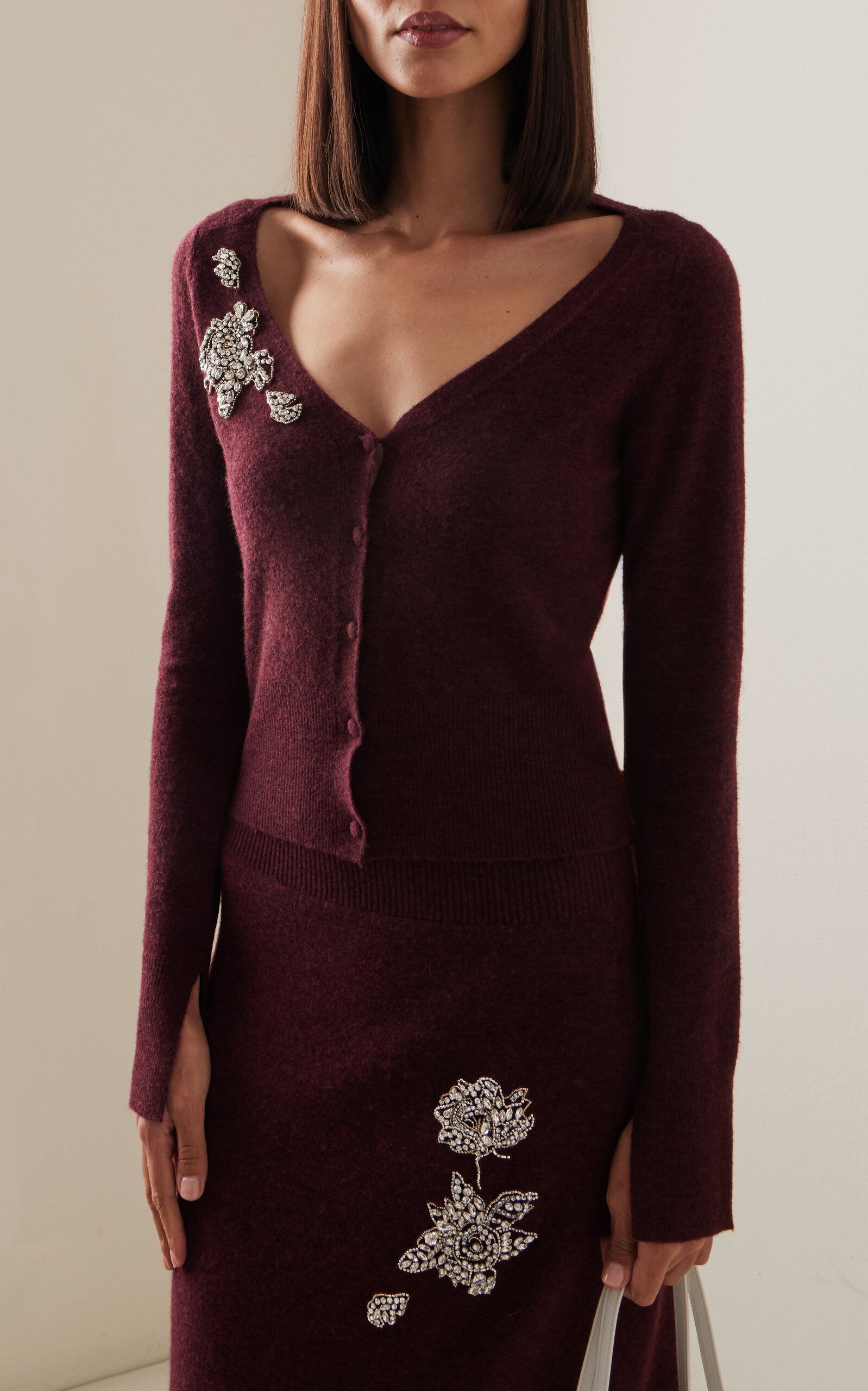 Cropped Embroidered Knit Cardigan burgundy - 2