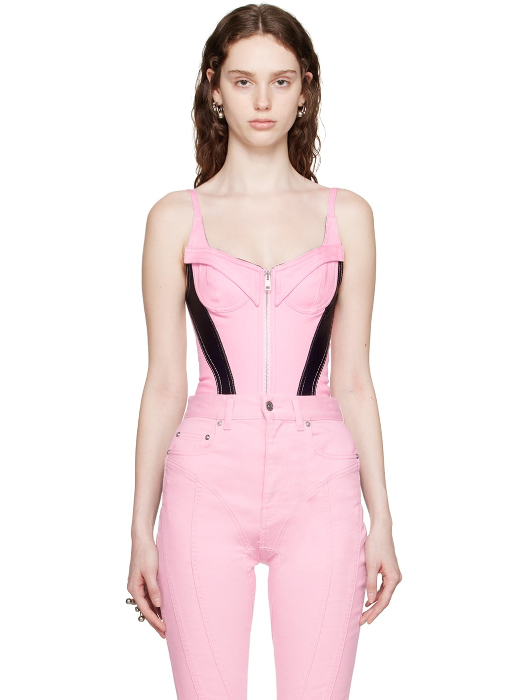 Pink & Black Paneled Denim Bodysuit - 1