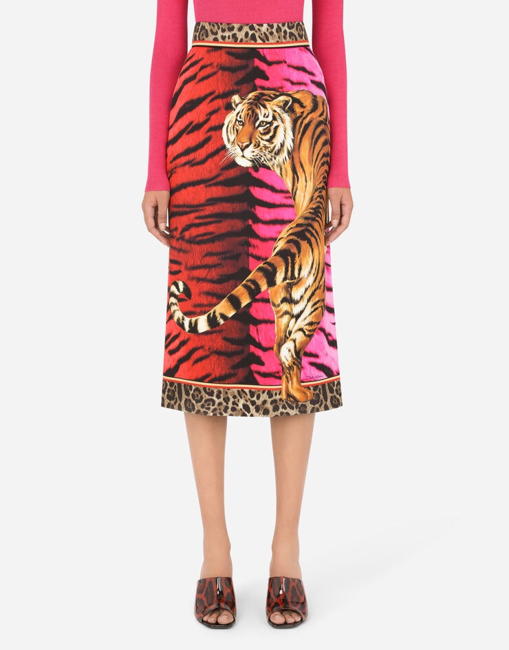 Charmeuse midi pencil skirt with tiger print - 1