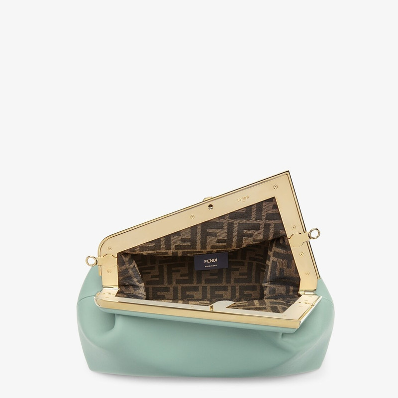 Medium Fendi First bag made of soft, mint green nappa leather with an oversized metal F clasp bound  4