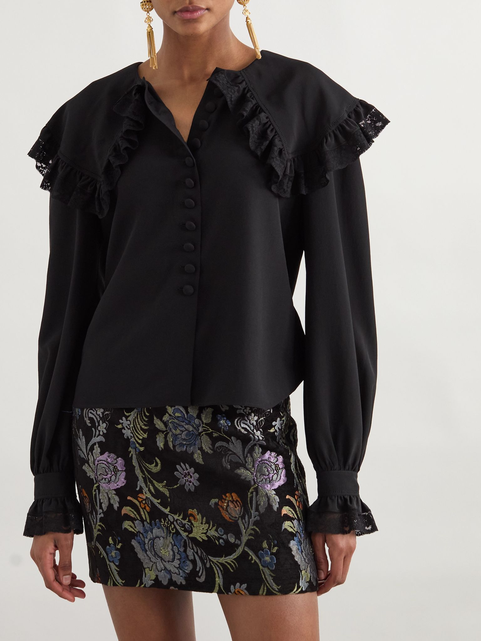 Lace-trimmed organic silk blouse Black - 3