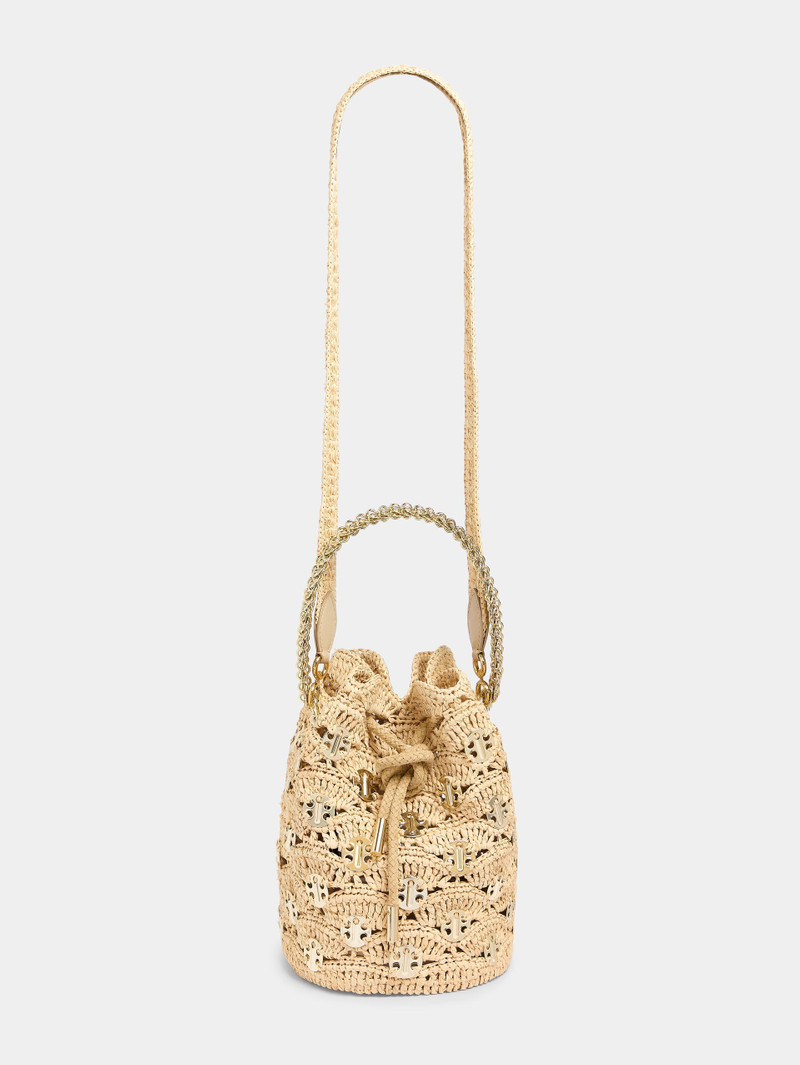 NEW RAPHIA WAVE PACO BUCKET BAG WITH SIGNATURE 1969 DISCS - 1