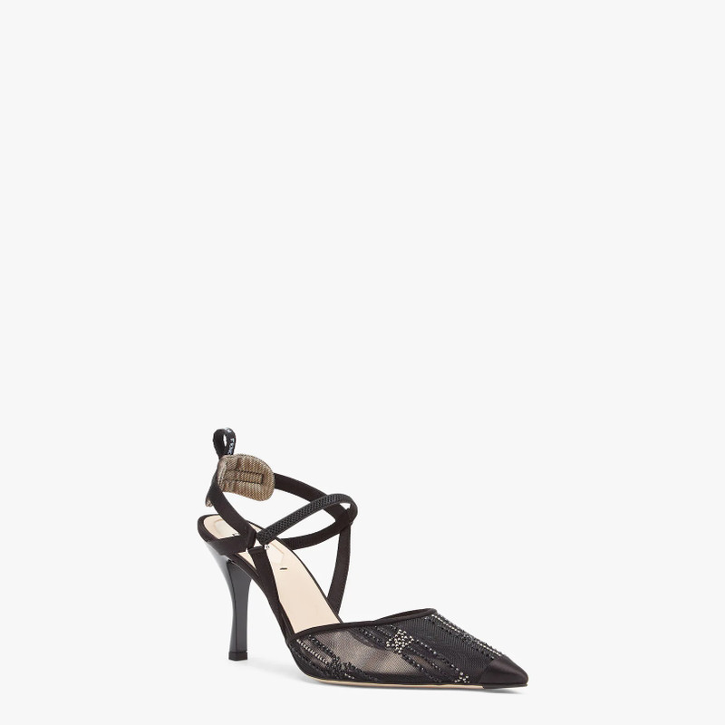 Black mesh and rhinestone embroidery high-heeled slingbacks 2