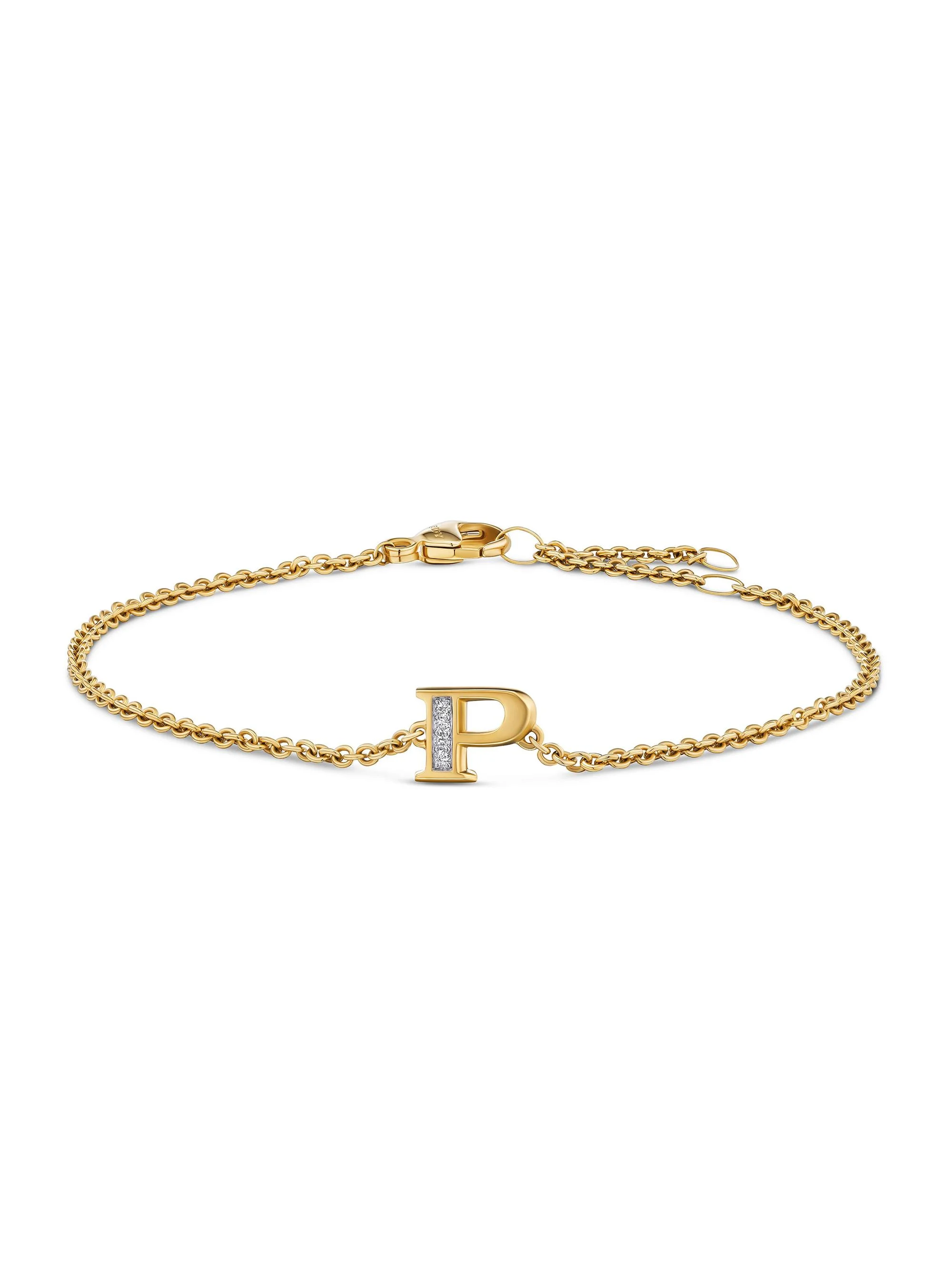 Women's Petite Pavé Initial Chain Bracelet in 18K Yellow Gold - Initial P - 1