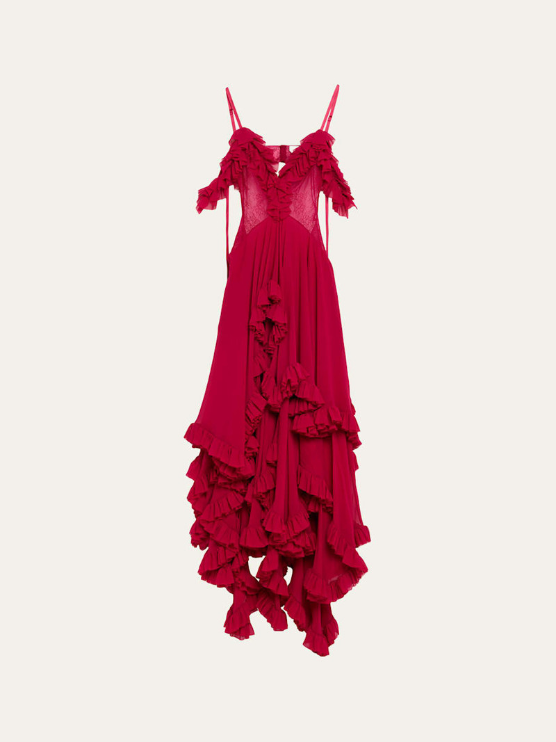 Lace-Inset Tiered Ruffle Chiffon Evening Dress 1