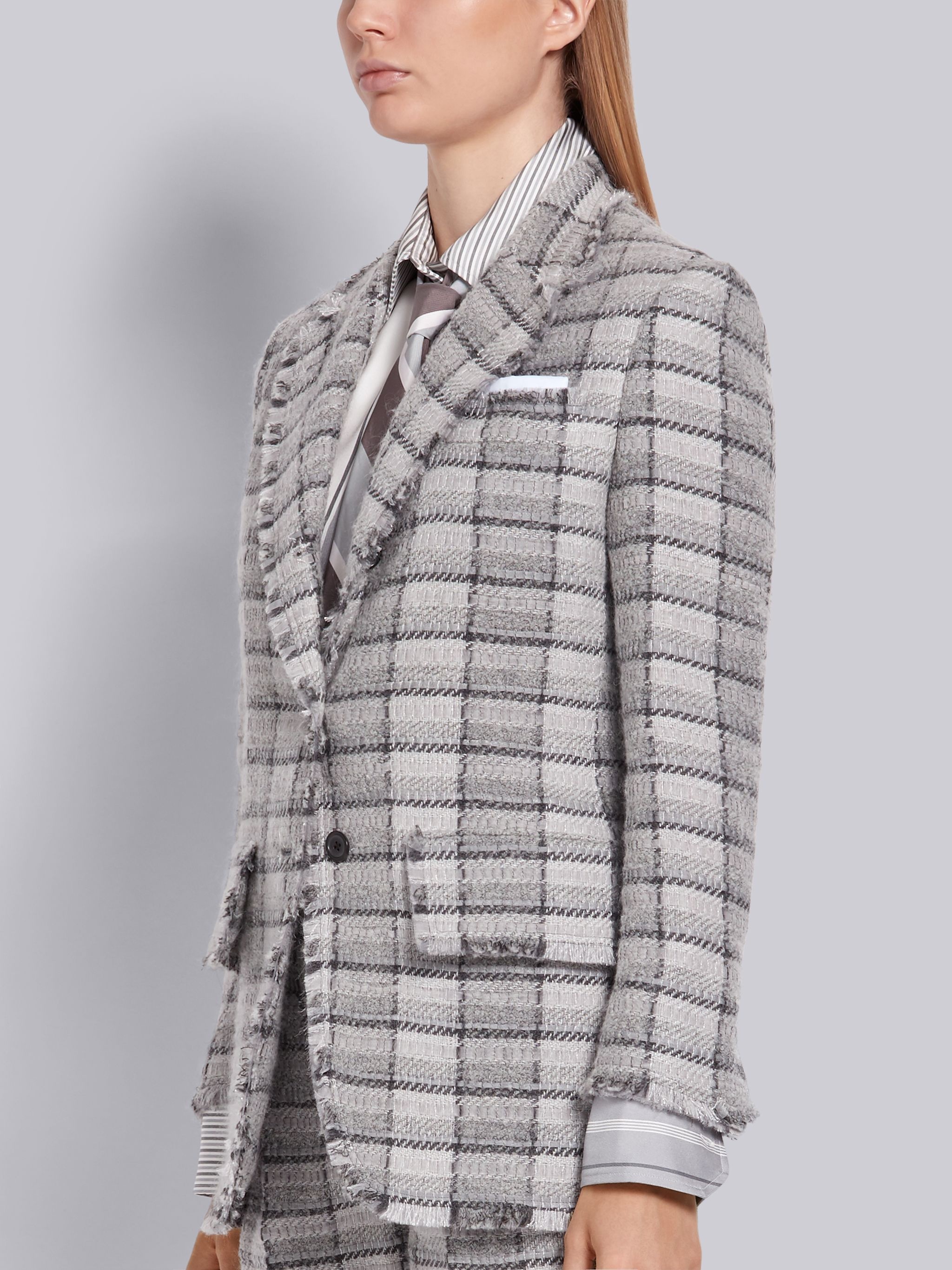 Medium Grey Oversized Check Organza Ribbon Wool Tweed Frayed Wide Lapel Jacket - 8