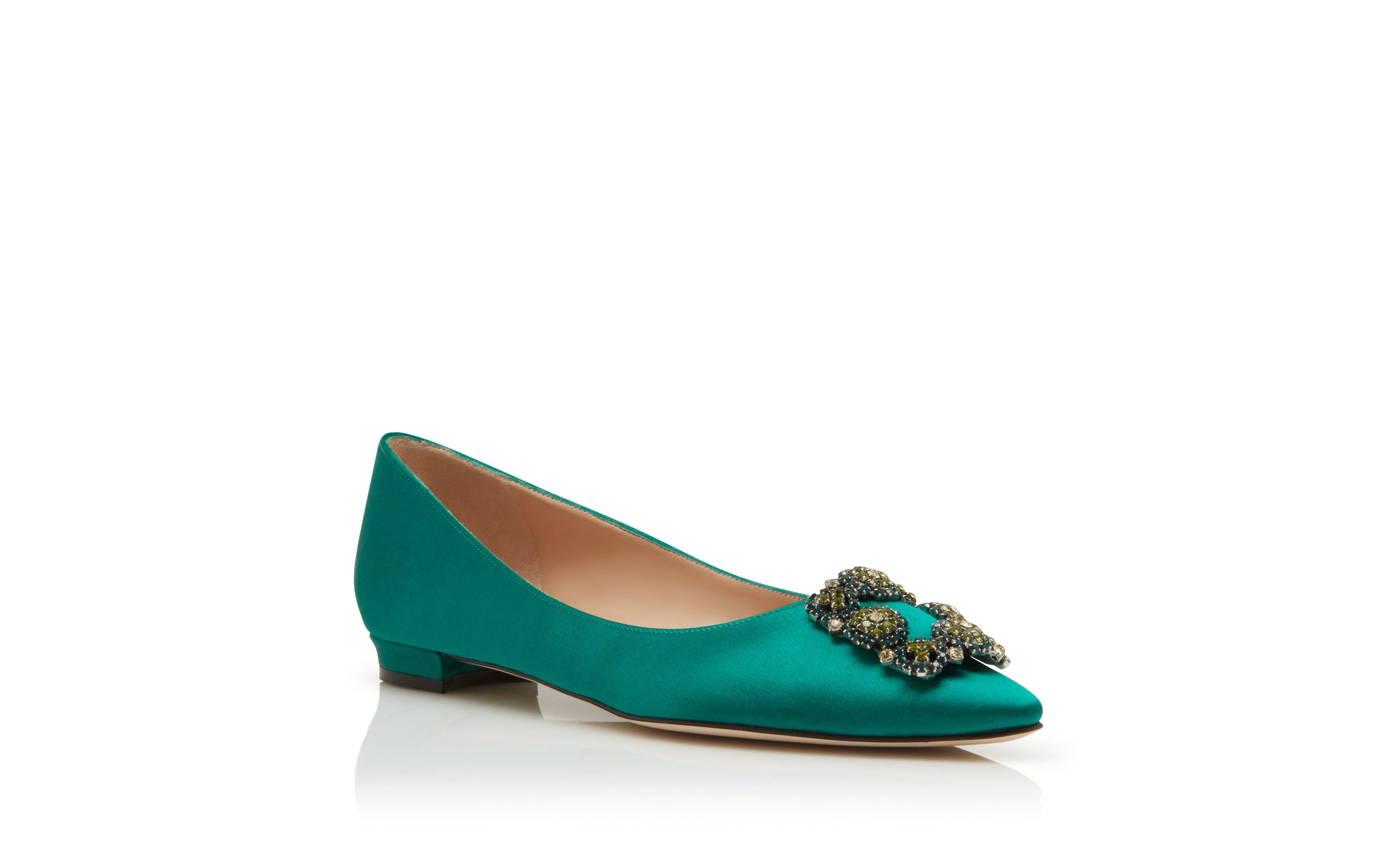 Green Satin Jewel Buckled Flats - 3