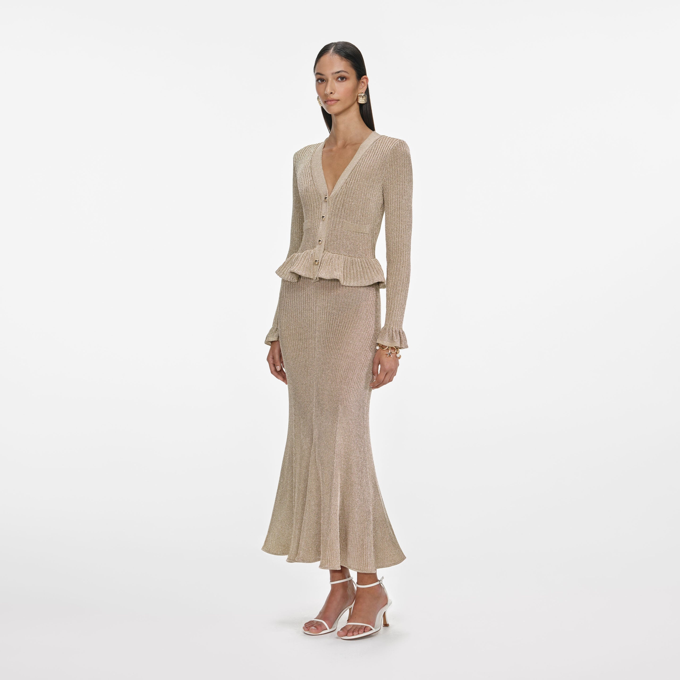 Gold Lurex Peplum Knit Midi Dress - 2