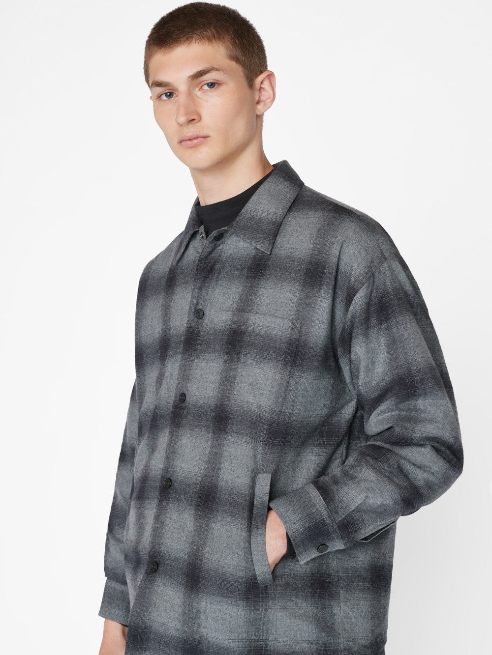 Padded Plaid Overshirt in Black/Grey Plaid - 5